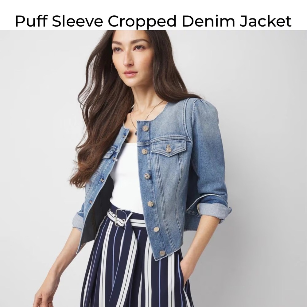 White House Black Market Puff Sleeve Cropped Denim Jacket NWT